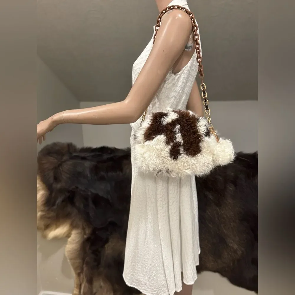 Handmade Natural Curly Shearling Handbag, Real Lamb Fur Shoulder Bag/Crossbody
